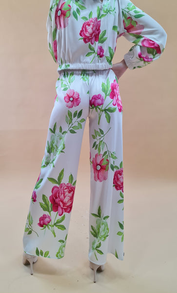 Pantalone palazzo con stampa fiori in seta