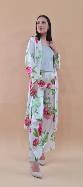 Kimono lungo in seta stampa a fiori