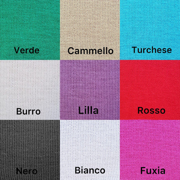 verde, cammello, turchese, burro, lilla, rosso, nero, bianco, fuxia